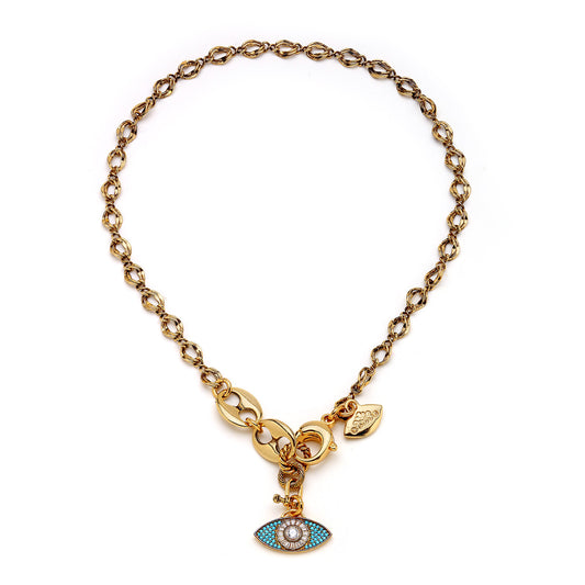 zirconia, 22 karat gold plated brass necklace featuring a stunning evil eye charm for good luck and protection.    Length: 43cm