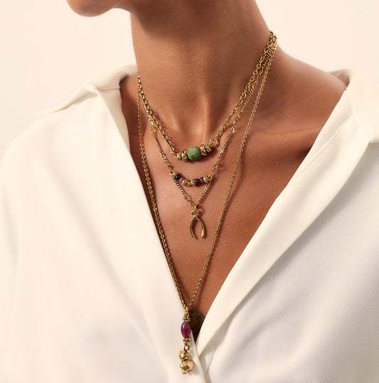 22 karat gold plated brass, ruby zoisite, russiana jasper layered necklace.   Nickel Free  Length: 58cm