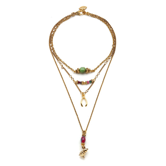 22 karat gold plated brass, ruby zoisite, russiana jasper layered necklace.   Length: 58cm