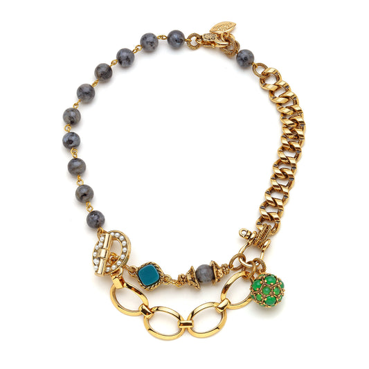 22 karat gold plated brass, lack labradorite, pearls, crystal necklace   Length: 44cm, fashion jewellery, grace & mercy jewellery